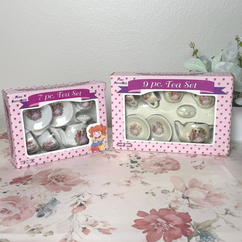 Vintage Fine‎ Porcelain Miniature Tea Set Lot 7pc 9pc Victorian Couple Pink Box